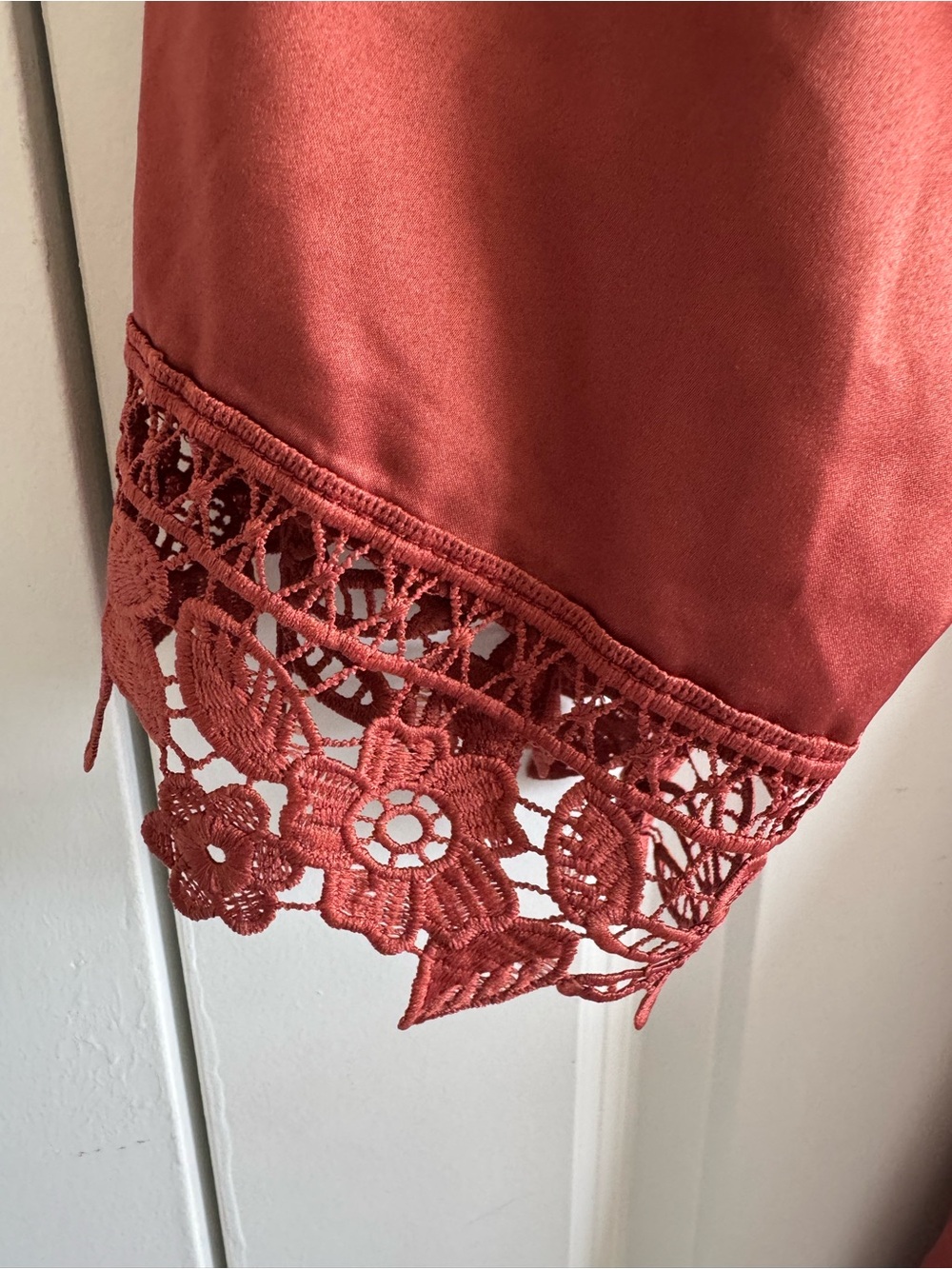 Satin Lace-Trim Short Robe in Rust - Picture 7 of 7